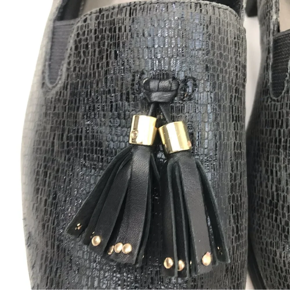 Ros Hommerson DIXIE  Tassel Loafer in Charcoal Iguana Print Leather